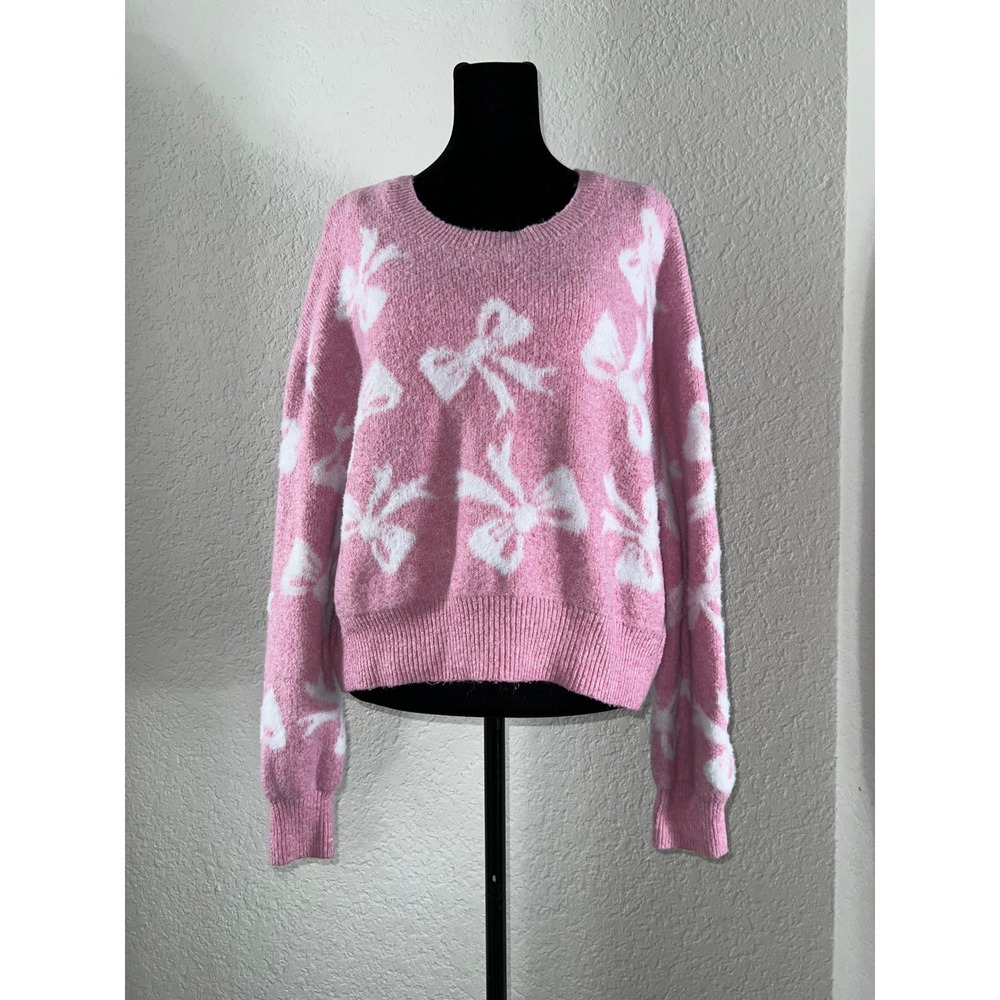Coquette Bow Print Sweater Pink White Balletcore Oversized Cropped Knit Pullover